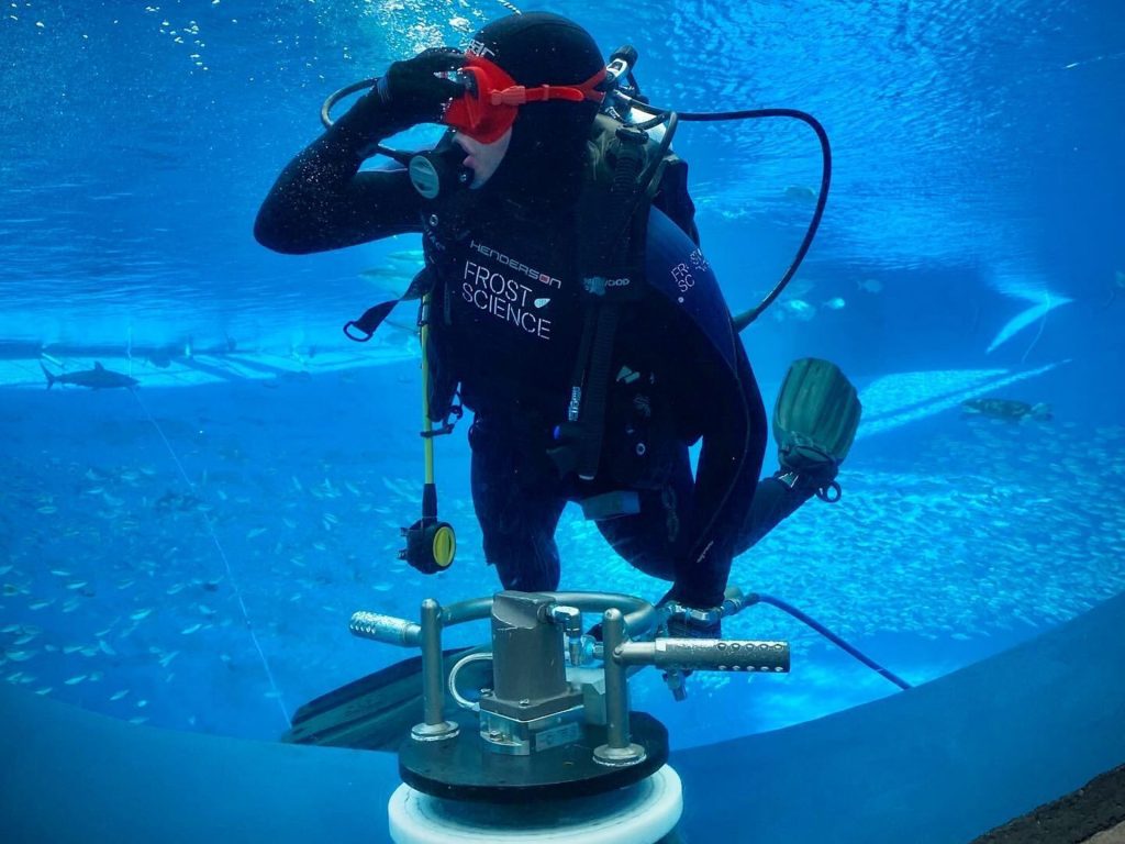 Diver cleaning Frost Science Gulf Stream Aquarium.