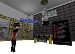 In a virtual simulation, a woman stands in a room surrounded by options for construction.