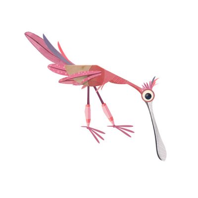An illustrated Roseate Spoonbill dips down its beak.