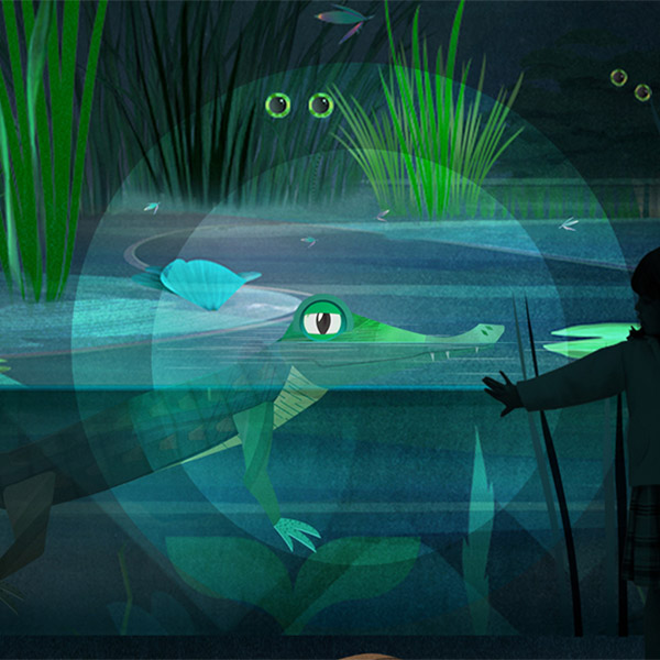 An illustratation of an alligator peeking above the waters at night in the Everglades.