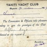 Tahiti Yacht Club Privileges certificate.