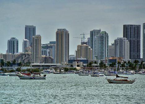 Boats line the shore of the Miami coast.