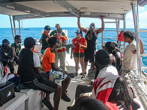 A group of Upward Bound participants sits on a boat in the water, listening to instructions on how to tag sharks.