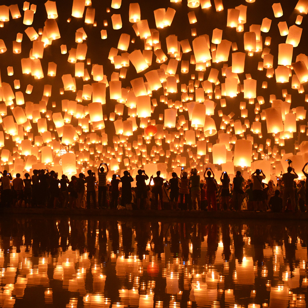 Loy Krathong festival, which usually takes place at the end of rainy season in Thailand, festivalgoers release lanterns to protect against bad luck.