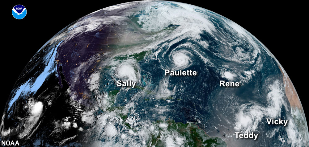 Satellite image of five named storms during the record-breaking 2020 hurricane season.