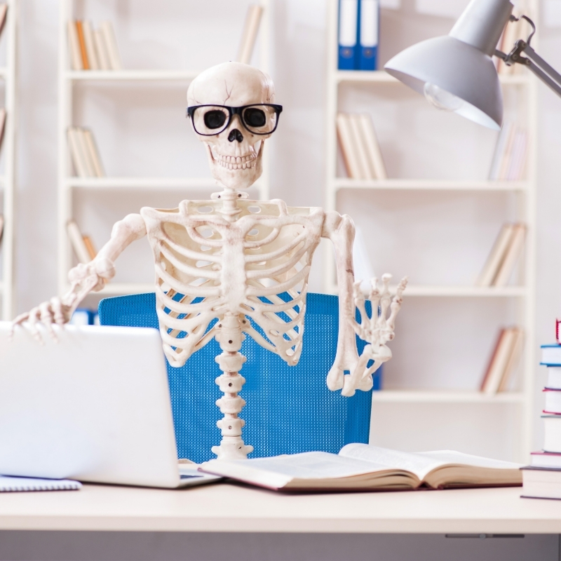 Skeleton waving on the laptop and nerd glasses