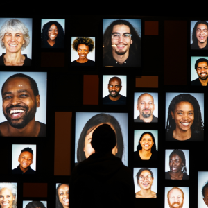 Person infront of exhibit of different faces