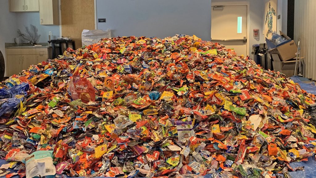 Pile of candy wrappers collected by Loggerhead Marinelife Center